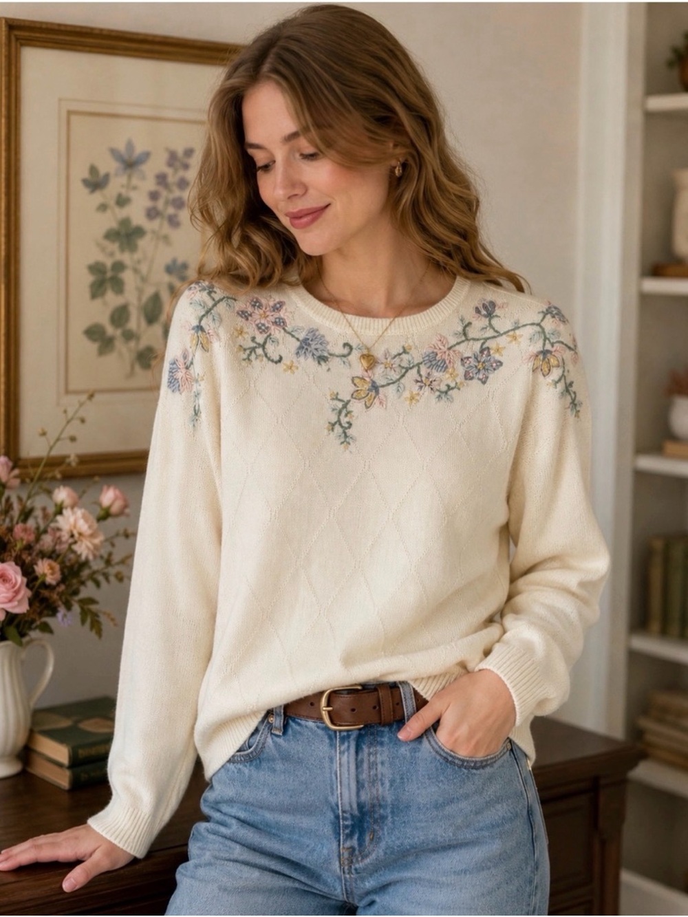 Vintage Alfred Dunner Floral Embroidered Sweater Cottagecore Granny Chic M